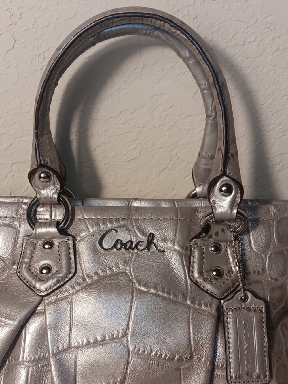 Coach Ashley Metallic Croc-Embossed Mini Tote Bag (F20344) in Silver - Picture 2 of 16